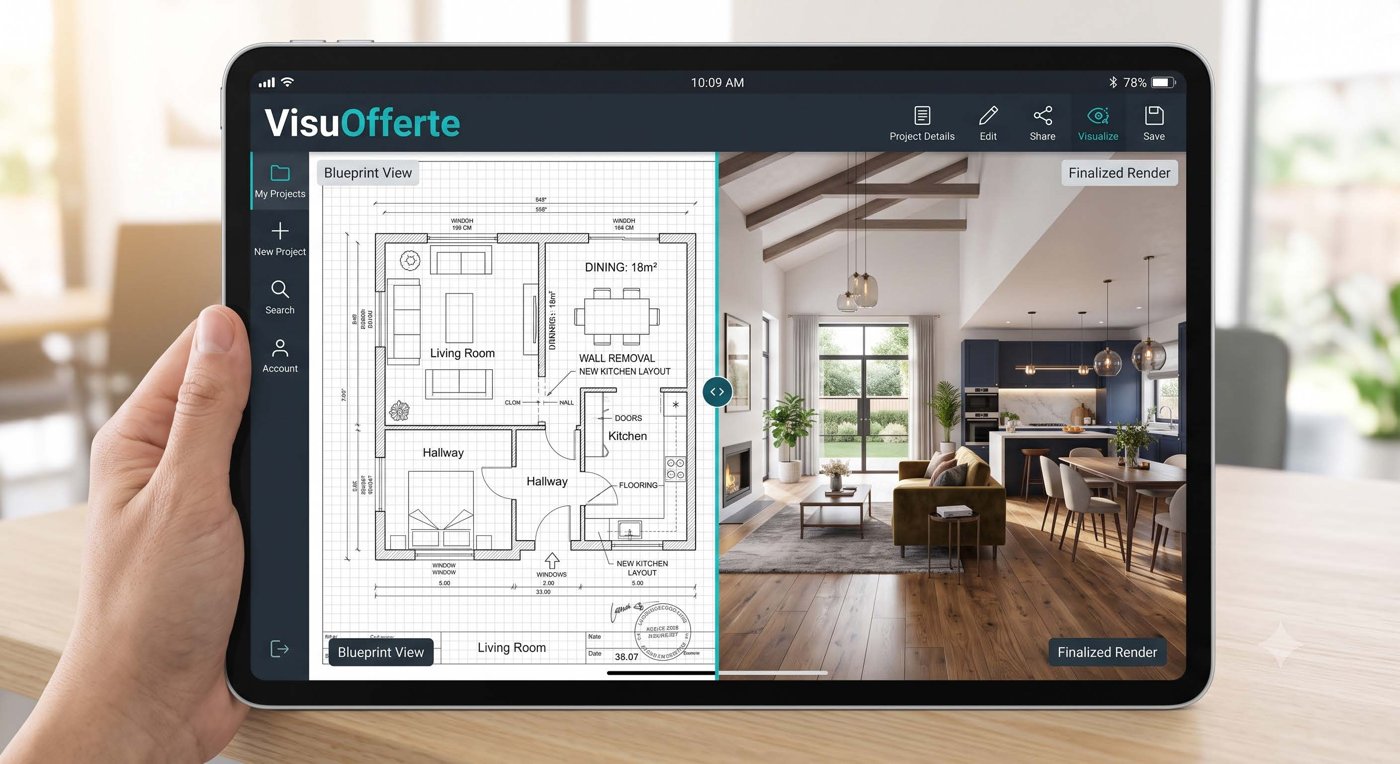 VisuOfferte live auf dem Tablet: Grundriss und fotorealistischer Render nebeneinander